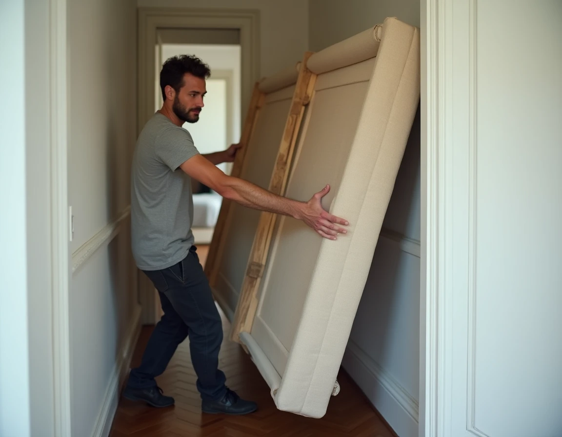 Homme transportant seul un sommier à lattes dans un couloir étroit d'appartement en le tenant verticalement
