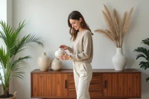 Femme créative arrangeant des vases en céramique dans un salon lumineux